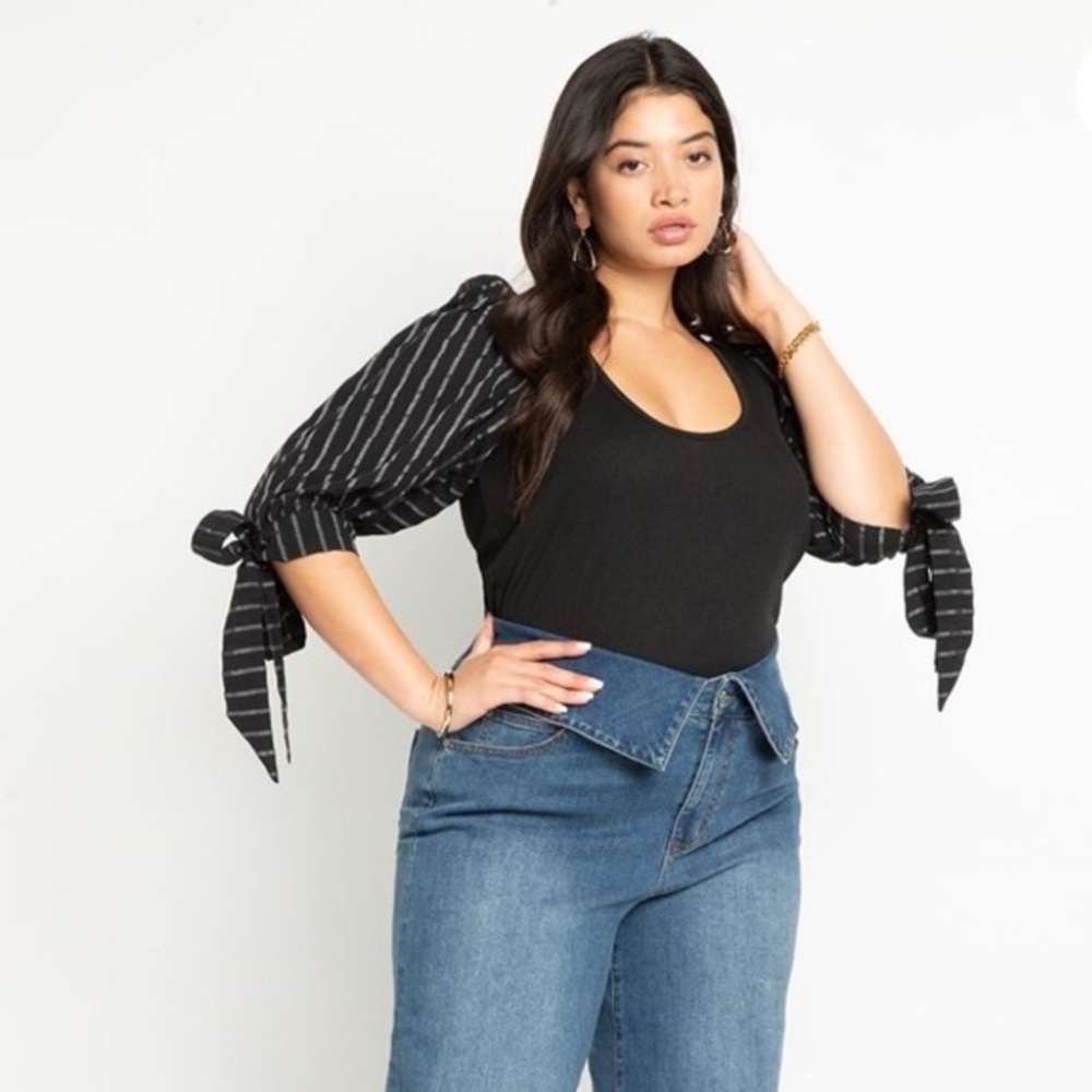 Eloquii Black Scoop-Neck Bodysuit with Striped Puff Tie Sleeves